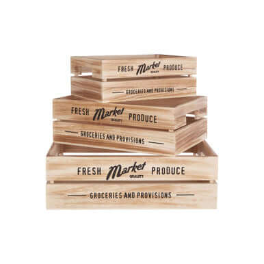 Set Of 3 Rustic Provisions Natural Crates stacked with grocery lettering, made from sustainable paulownia wood.