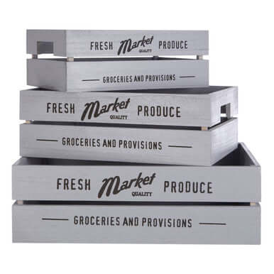 Set Of 3 Rustic Provisions Grey Crates stacked with grocery store lettering for stylish organization.