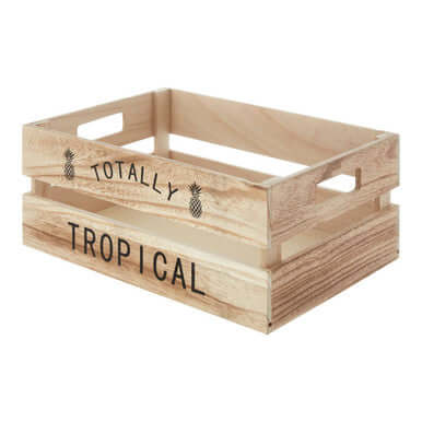 Totally Tropical Natural Fruit Crate with cut-out handles and pineapple motifs on sustainable wood.