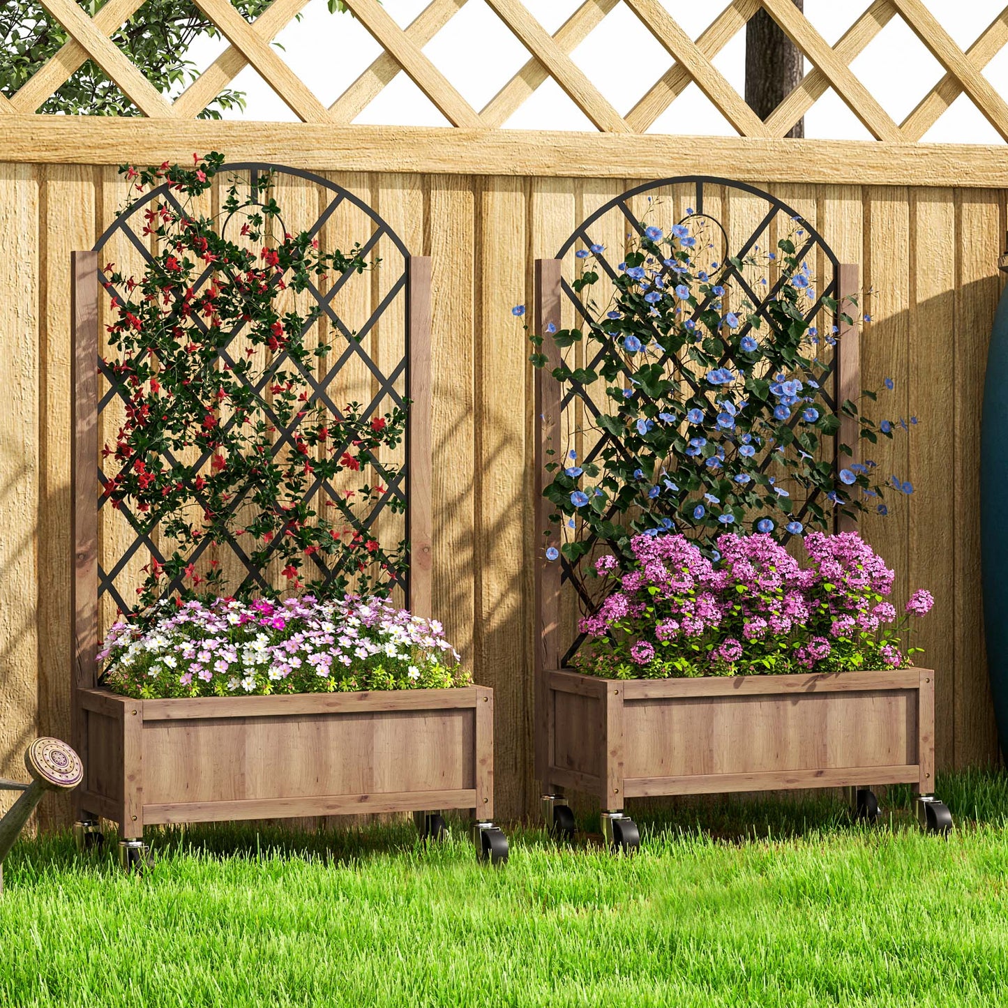 Outsunny Wooden Planter, with Metal Trellis - Brown/Black