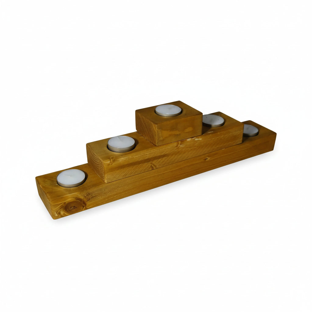 Rustic Wooded 3 tiered candle t-light holder with five t-light spaces and a natural wood finish.