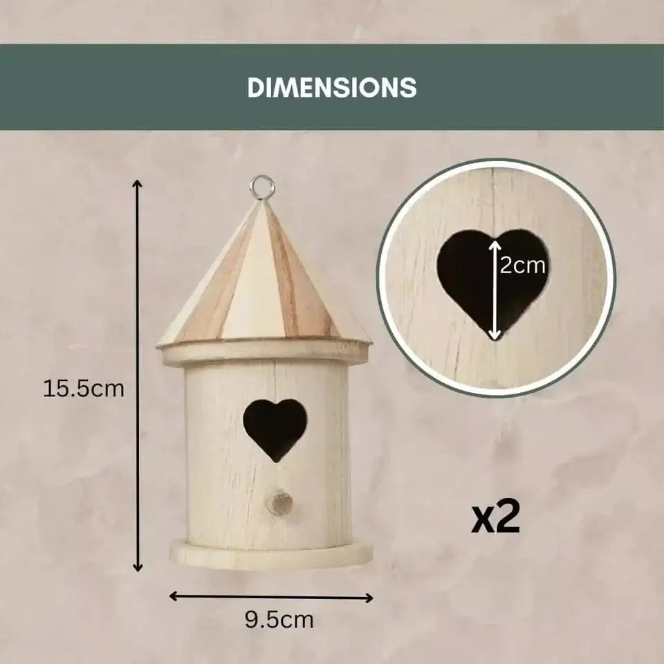 2pc Wooden Bird Nest Hanging Feeding Station - Wild Bird House dimensions illustration with measurements and heart-shaped entrance.
