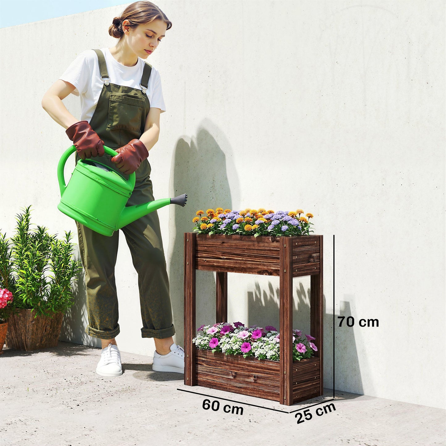 Outsunny 2-Tier Wooden Raised Planter, Raised Garden Bed on Legs with Drainage Holes and Bed Liner, Elevated Garden Planter