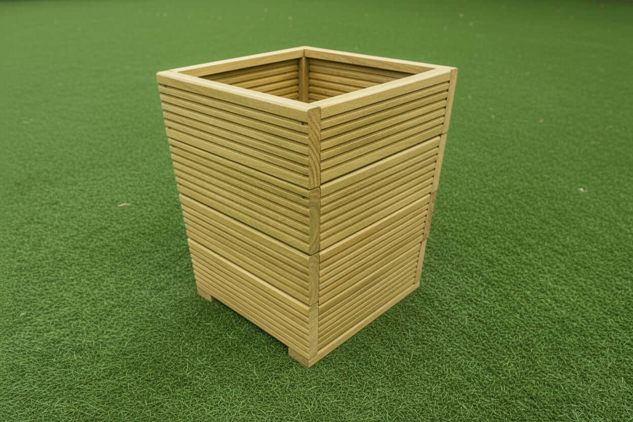 Square Wooden Decking Planters made of pressure-treated timber, ideal for outdoor gardening and decor.