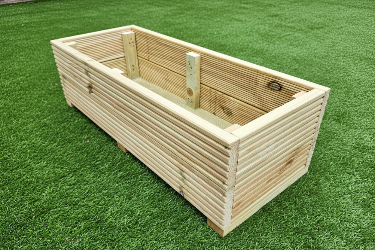 40cm Wide garden wooden decking planter on grass, showcasing its handcrafted wooden design.