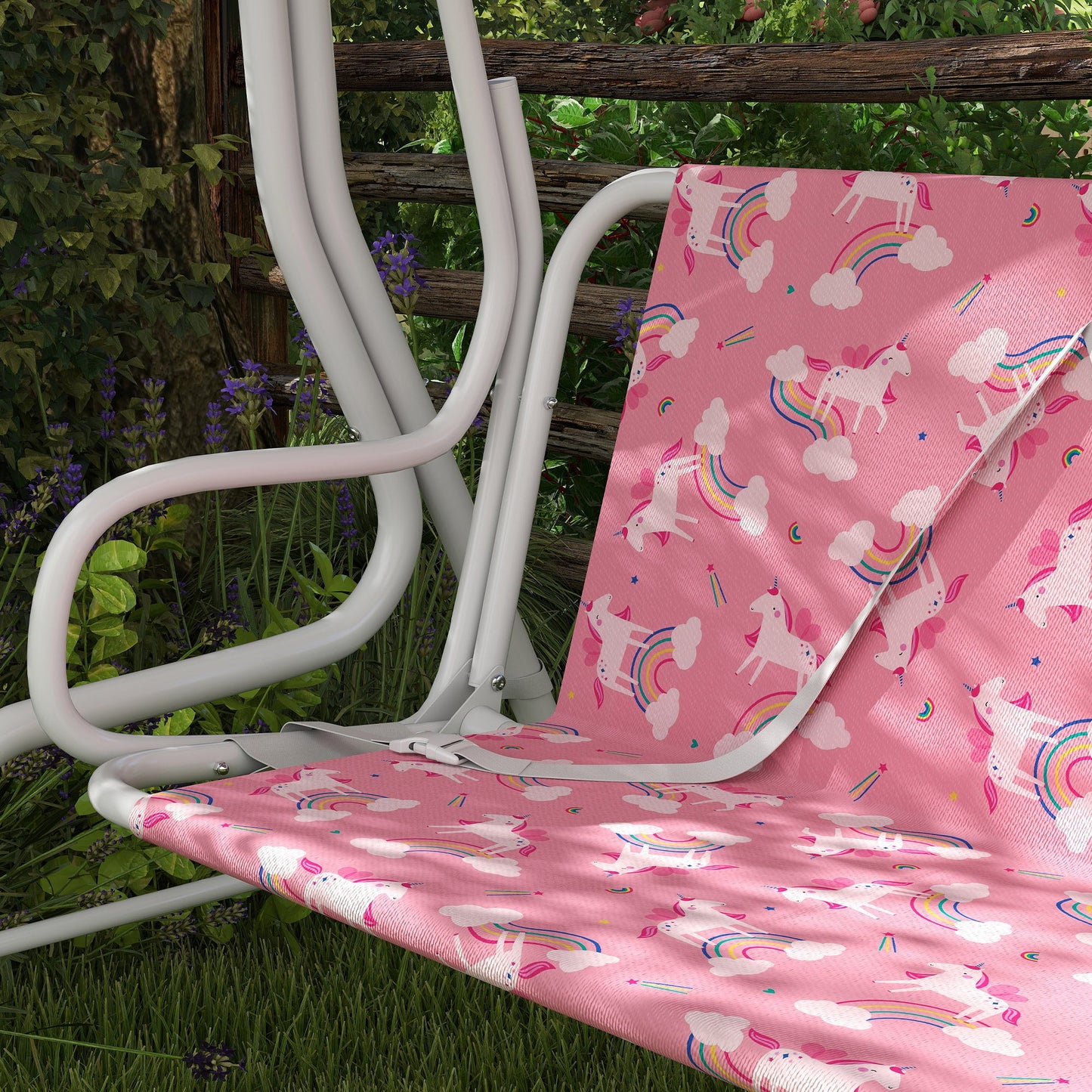 AIYAPLAY Kids Porch Swing, 2-Seater Patio Swing Bench Hammock with Seat Belts, Adjustable Canopy for Garden, Pink