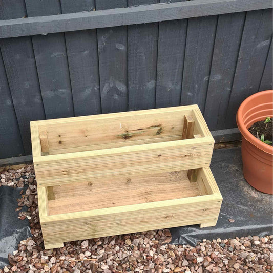 L-Shaped 2 Tier Decking planter made from rot resistant decking boards, ideal for outdoor spaces.