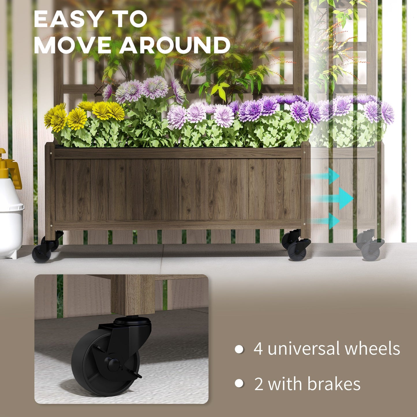 Outsunny Wooden Trellis Planter, Raised Garden Bed with Wheels, to Climb and Grow Vegetables, Herbs and Flowers, Brown