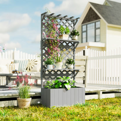 Outsunny 52L Wooden Planter, with Trellis and Shelves - Grey