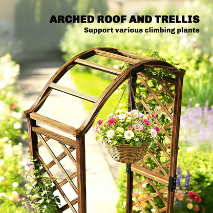 Outsunny Wooden Garden Arch with 2 Planter Boxes, Outdoor Rose Arch Trellis for Climbing Vines, Carbonised