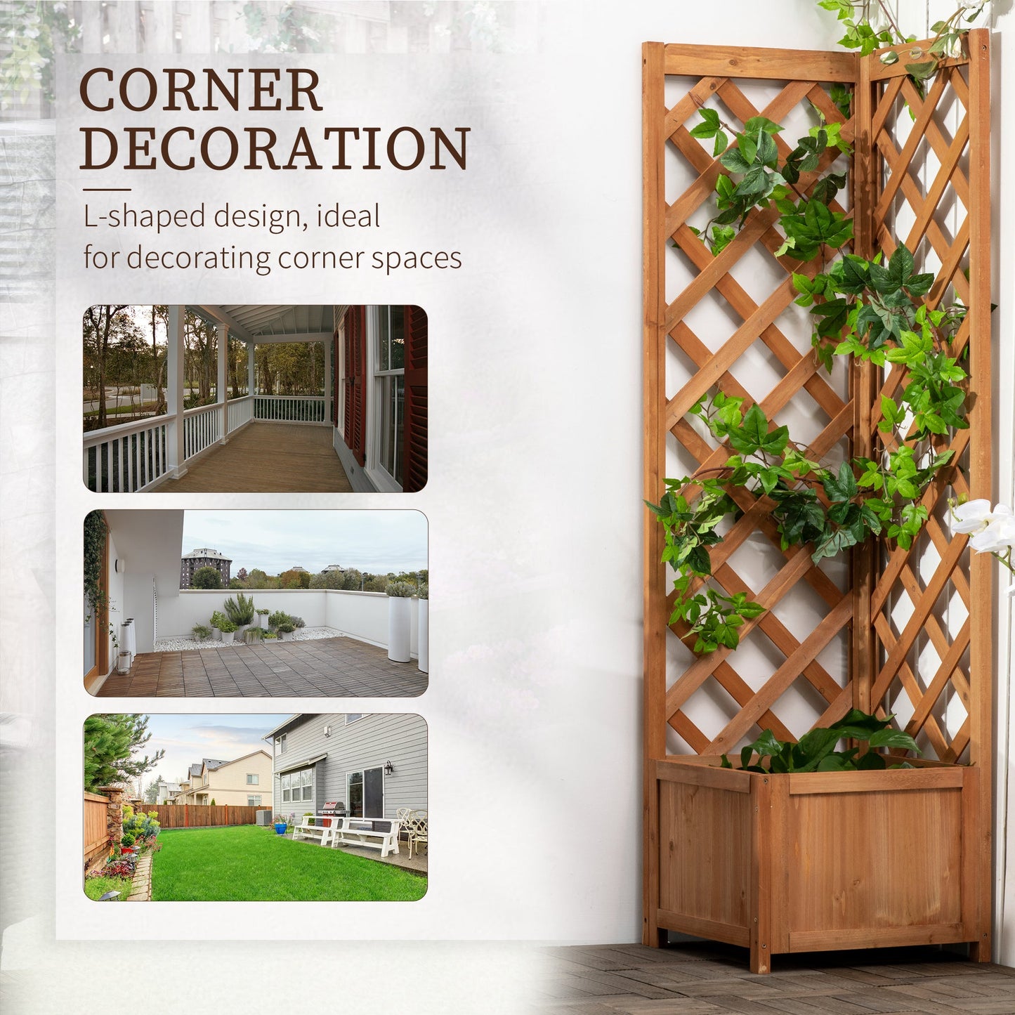 Outsunny Wooden Planter with Corner Trellis, Freestanding Raised Garden Bed with Drainage Bottom, Outdoor Planter Box, Brown