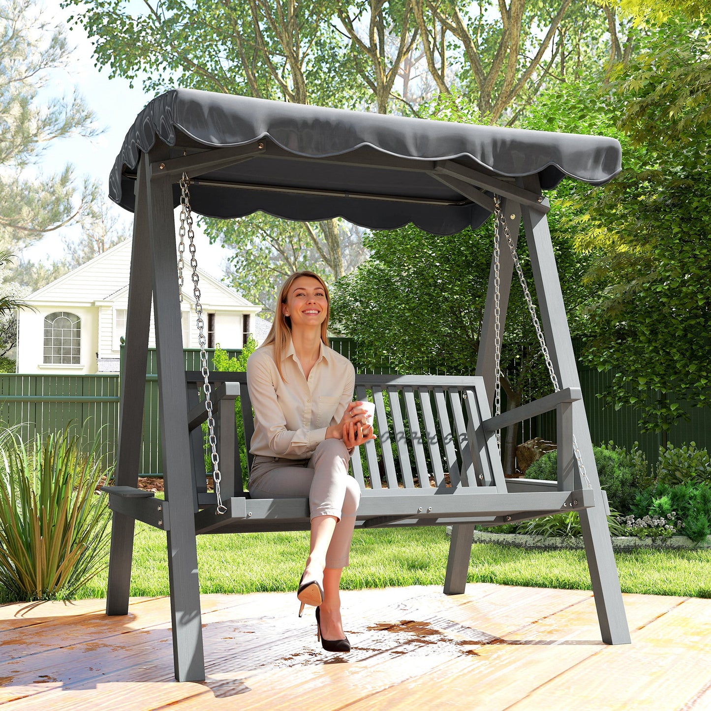 Outsunny 2 Seater Garden Swing Seat with Canopy, Wooden Swing Chair, Outdoor Hammock Bench for Balcony Patio Porch, Grey