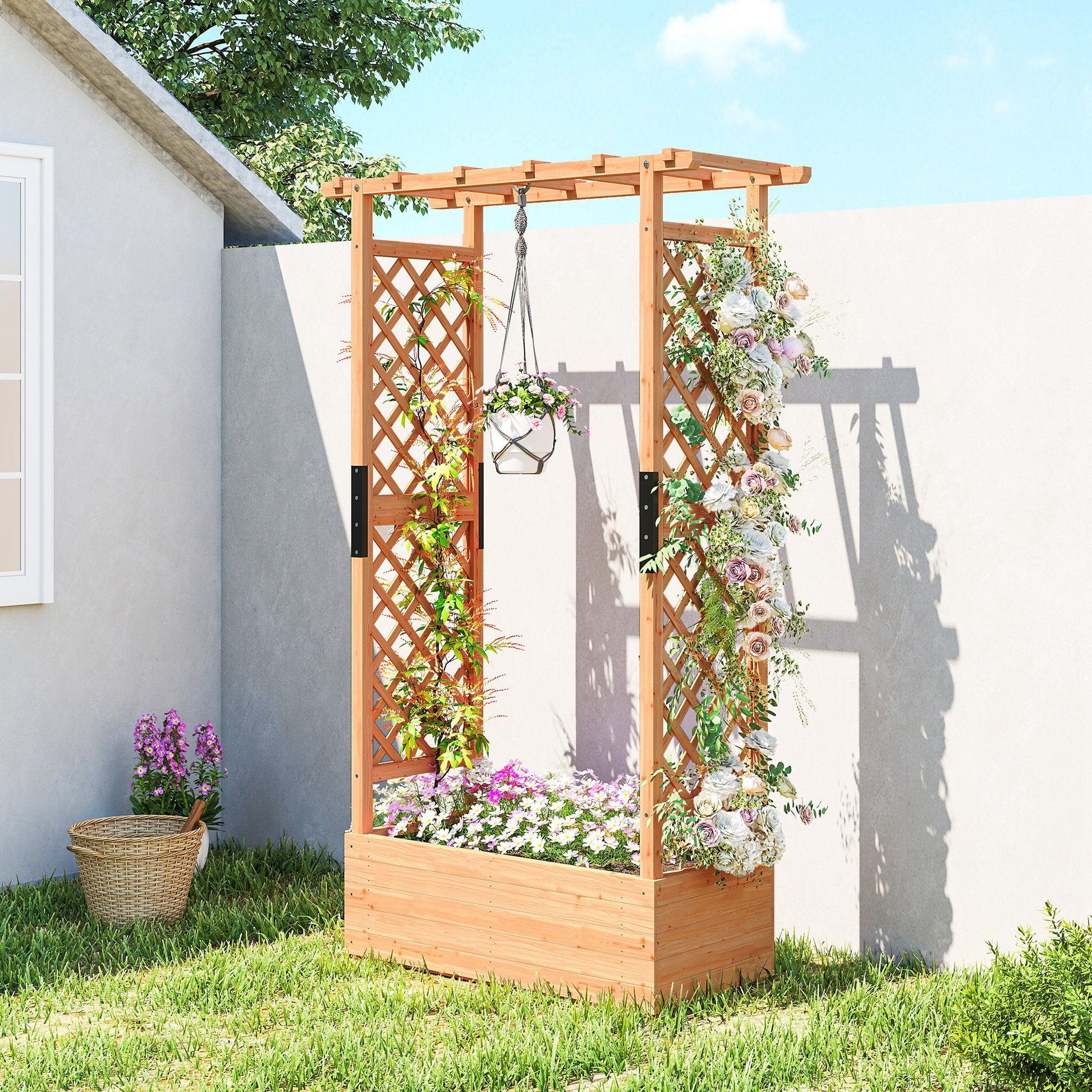 outsunny planter with trellis Outsunny Fir Wood 110 x 44 cm Planter and Trellis Garden Bed – Summer Wooden Planters