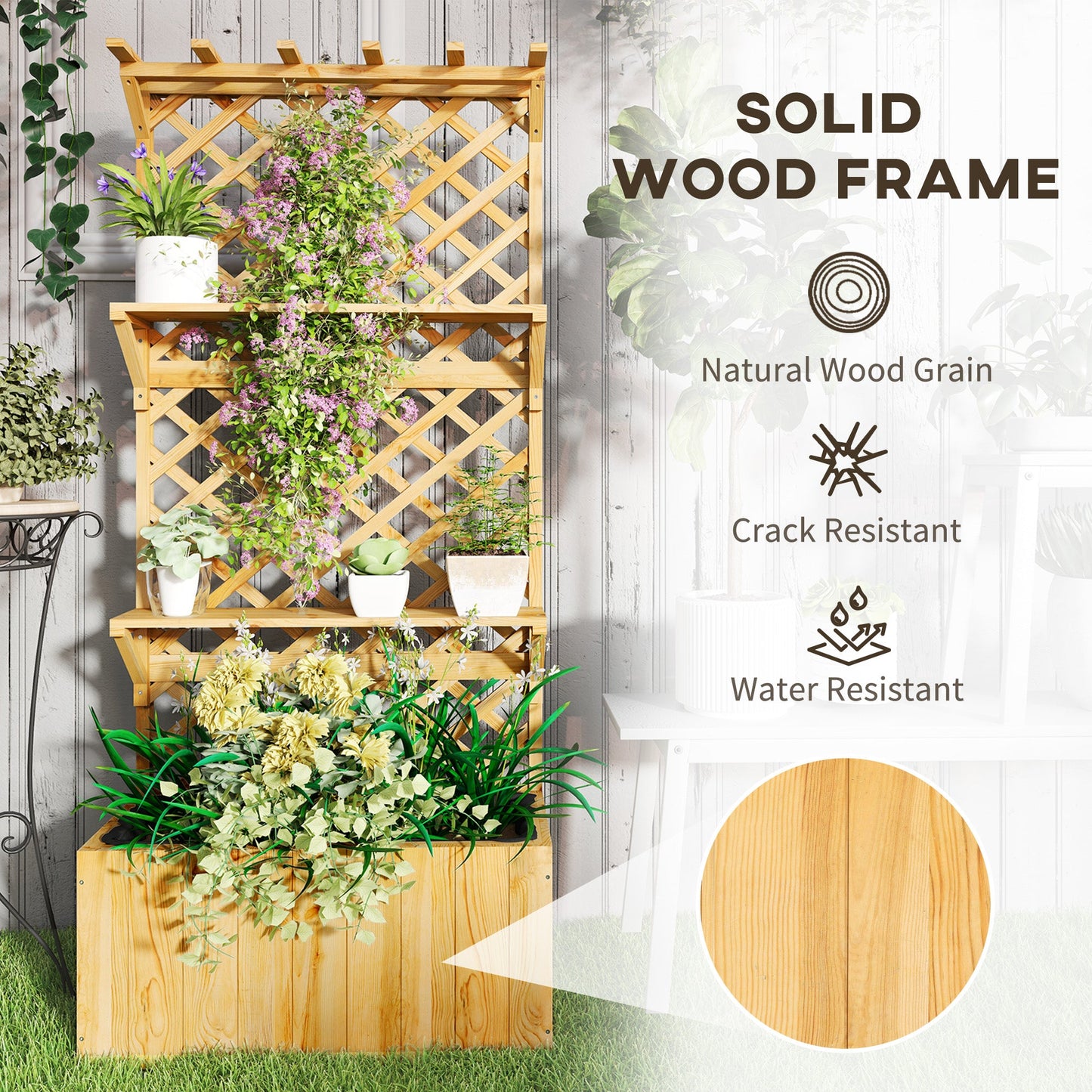 Outsunny 52L Wooden Planter, with Trellis and Shelves - Natural Finish