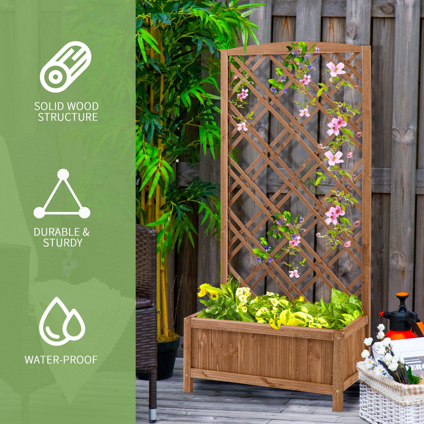 Outsunny Garden Planter with Trellis, Wooden Raised Bed for Garden with Lattice Trellis for Vegetables, Herbs and Flowers, Brown