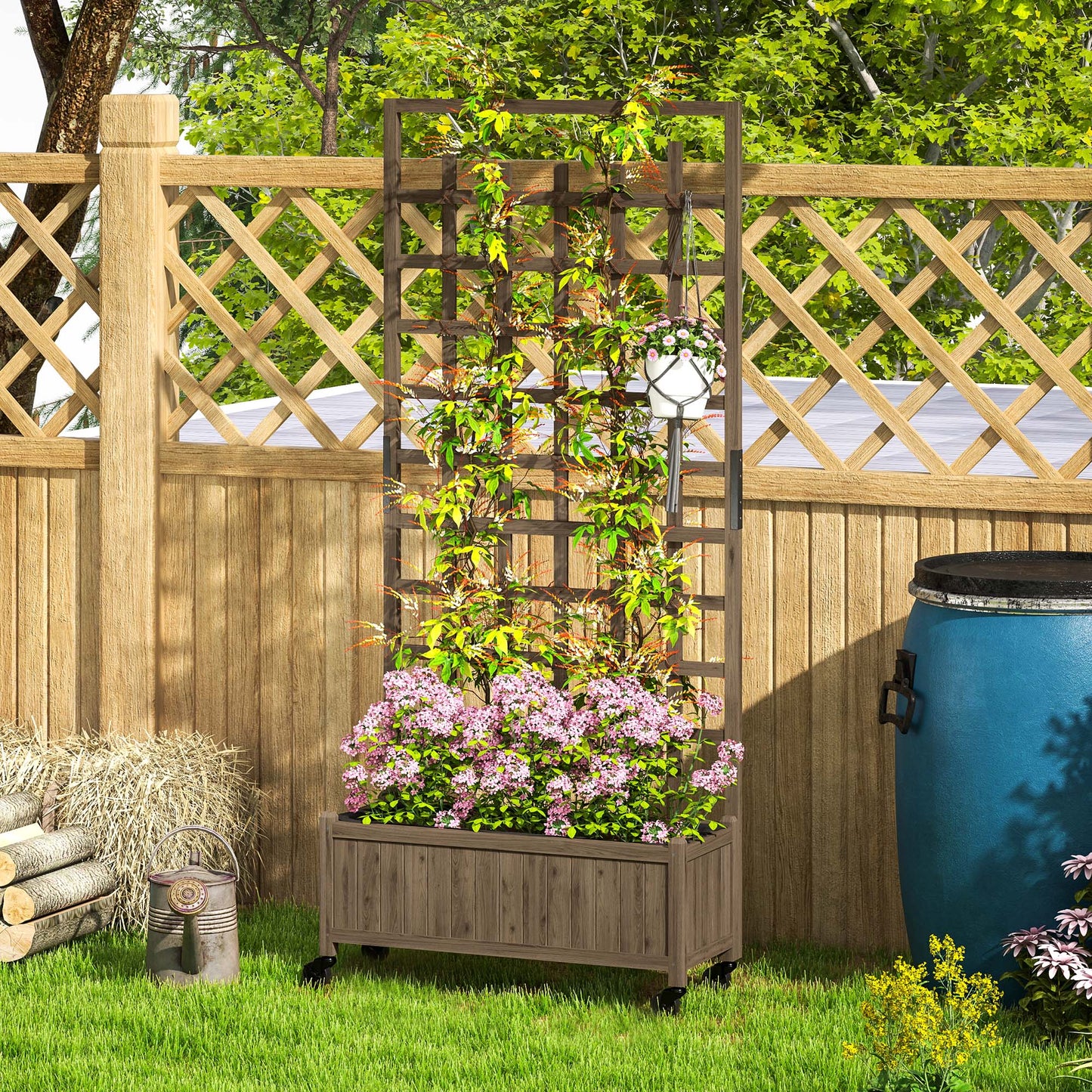 Outsunny Wooden Trellis Planter, Raised Garden Bed with Wheels, to Climb and Grow Vegetables, Herbs and Flowers, Brown