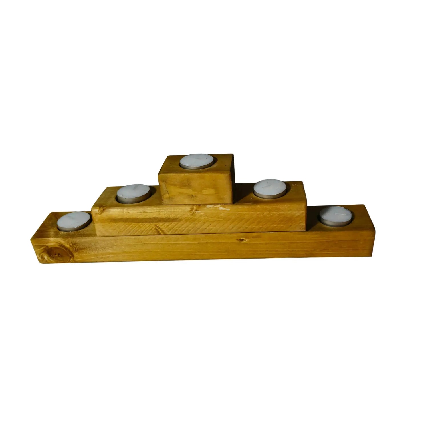 Rustic Wooded 3 tiered candle t-light holder displaying 5 tealights, showcasing its rustic charm and durable craftsmanship.