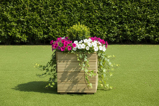 Square wooden decking planter made from pressure-treated timber
