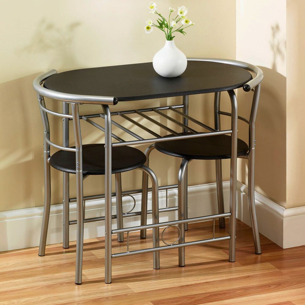 Stylish 2-Seater Compact Dining Set with Storage Shelf – Ideal for Small Spaces Dining Black/Silver