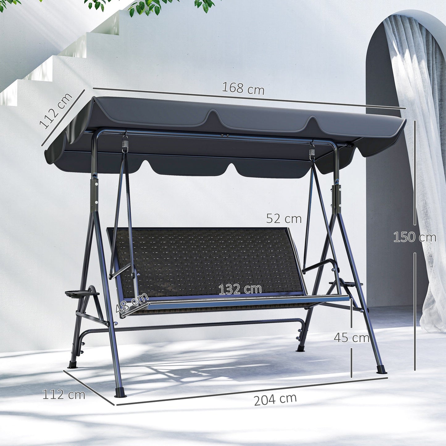 Outsunny 3 Seater Swing Chair, Garden Swing Seat Bench with Adjustable Canopy, Rattan Seat and Steel Frame for Patio, Yard, Grey