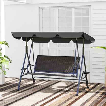 Outsunny 3 Seater Swing Chair, Garden Swing Seat Bench with Adjustable Canopy, Rattan Seat and Steel Frame for Patio, Yard, Grey