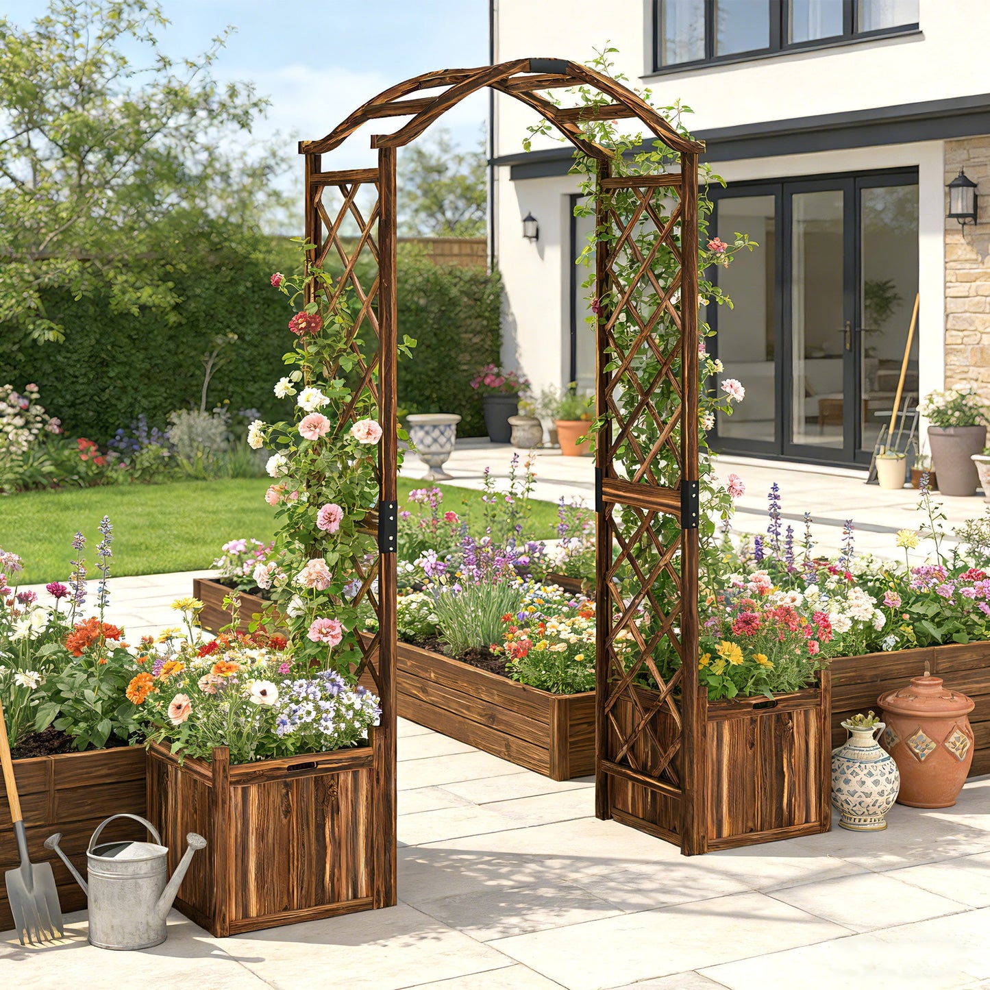 Outsunny Wooden Garden Arch with 2 Planter Boxes, Outdoor Rose Arch Trellis for Climbing Vines, Carbonised