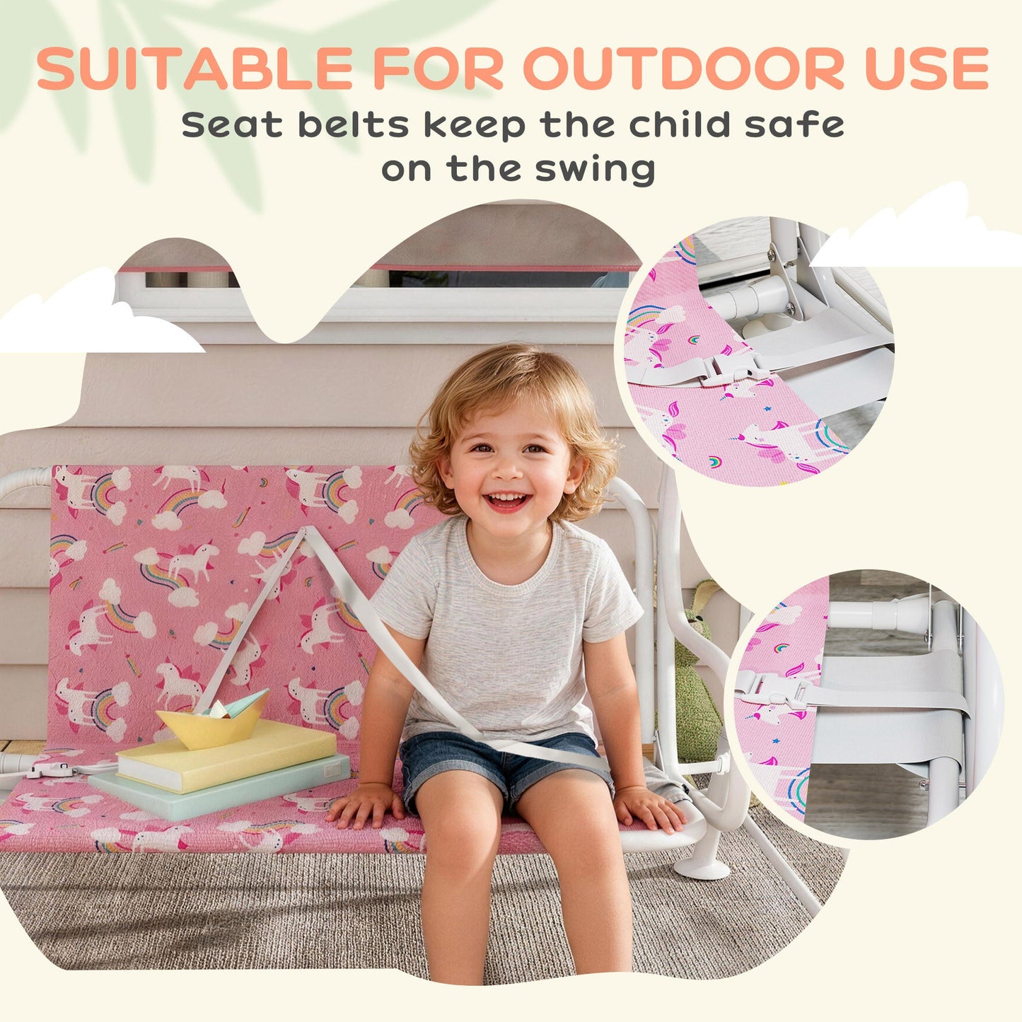 AIYAPLAY Kids Porch Swing, 2-Seater Patio Swing Bench Hammock with Seat Belts, Adjustable Canopy for Garden, Pink