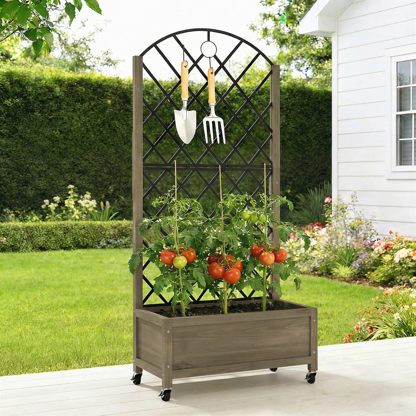 Outsunny Raised Garden Bed with Metal Trellis, Wooden Elevated Planter Box w/Lockable Wheels, Outdoor Raised Planter, Carbonised