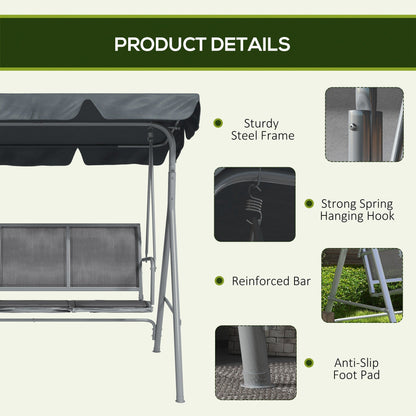 Outsunny 3 Seater Swing Chair, Garden Swing Bench with Adjustable Tilting Canopy, Breathable Mesh Seat and Heavy Duty Metal Frame for Patio, Garden, Dark Grey