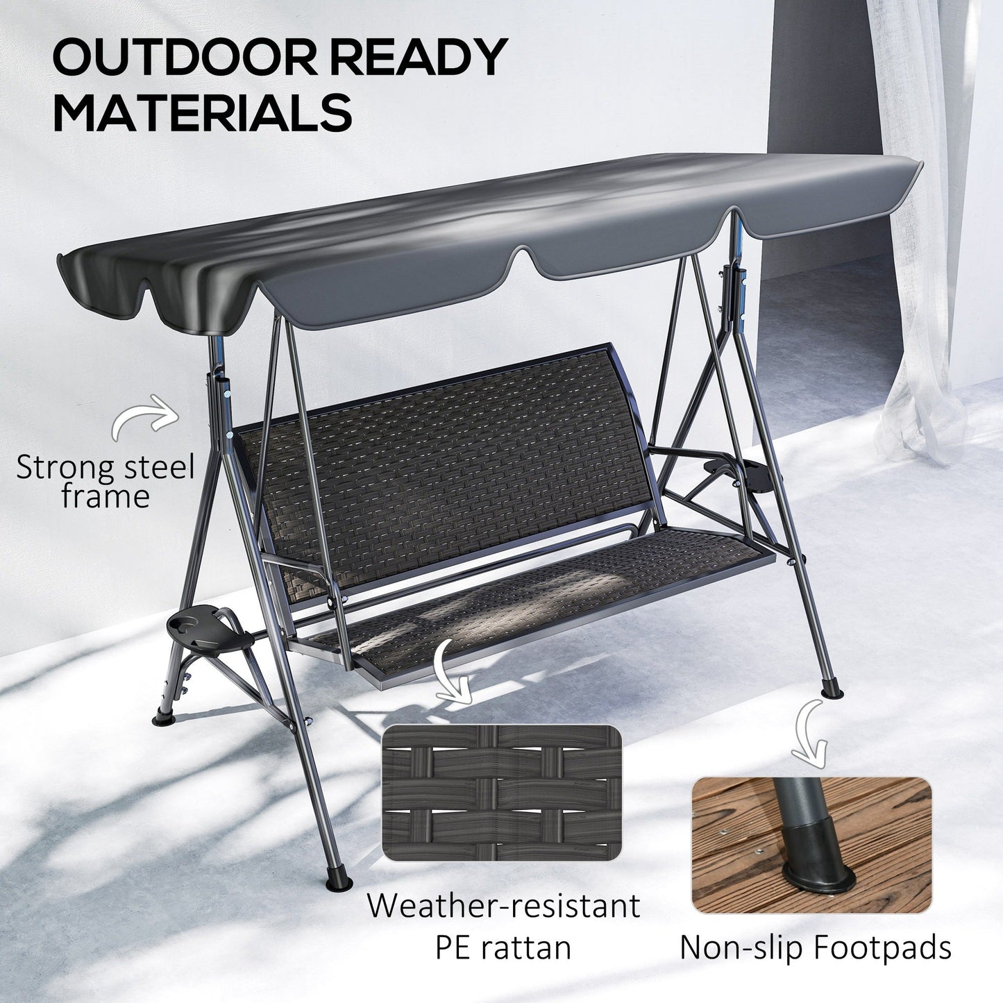 Outsunny 3 Seater Swing Chair, Garden Swing Seat Bench with Adjustable Canopy, Rattan Seat and Steel Frame for Patio, Yard, Grey