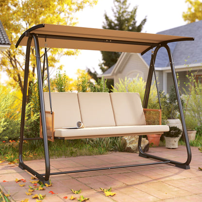 Outsunny 3 Seater Swing Chair with Adjustable Canopy, 360 kg Garden Swing Seat Outdoor Hammock Bench with Cushions, Sand Brown