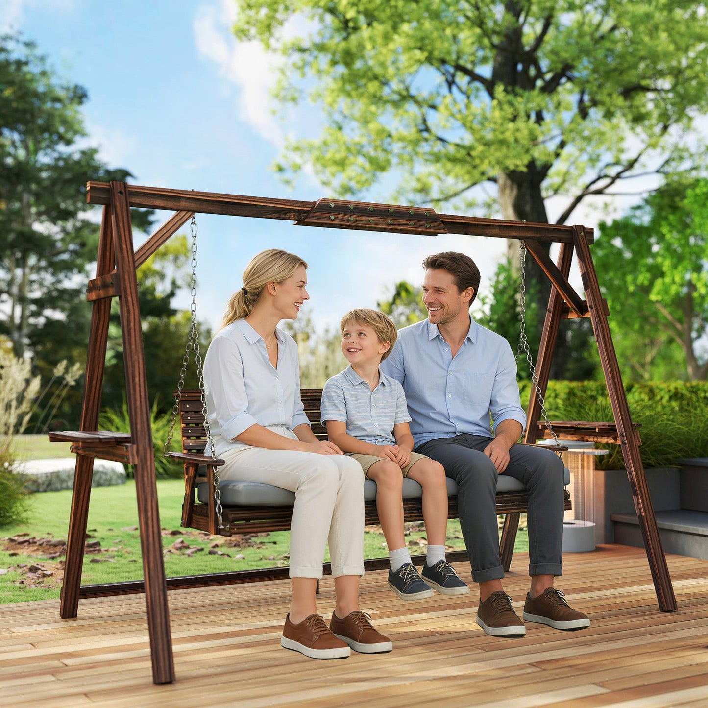 Outsunny 3 Seater Garden Swing Seat, Wooden Swing Chair Bench with Cushion, Side Trays and Metal Chains, for Outdoor Porch Patio, Carbonised Brown